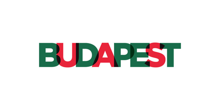 Budapest in the Hungary emblem. The design features a geometric style, vector illustration with bold typography in a modern font. The graphic slogan lettering.