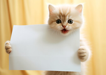Happy kitten holding an empty sheet with a smiley face, in the style of contact printing, popular imagery, portrait miniatures, close-up

