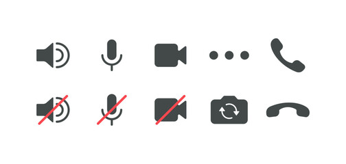 Social media buttons. Flat, gray, sound, microphone, camera buttons, 3 dots, handset, on and off buttons. Vector icons