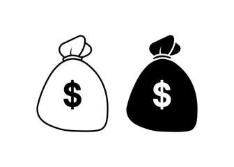 Money bags icons. Silhouette, black, dollar signs, bags of money. Vector icons
