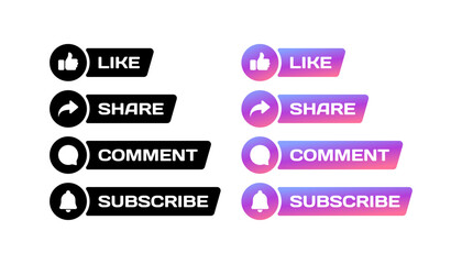 Social media buttons. Different styles, like, share, comment, subscribe buttons icons. Vector icons