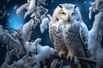 A snowy owl sitting in the snow, in the style of golden light, softbox lighting, canon eos 5d mark iv, romantic scenery, dark white and dark azure, twisted branches, serenity and harmony

