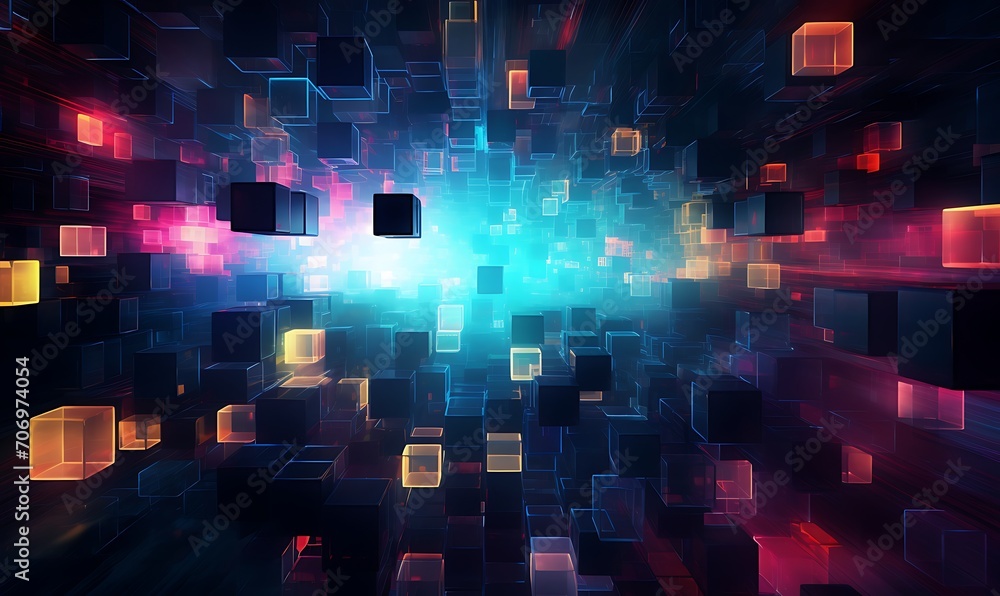 Poster an array of glowing, neon squares, creating an abstract digital landscape abstract, neon squares, di