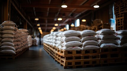 White bag rice or grits storage barn, Close-up of a warehouse with bulk rice or sugar bags in a distribution center, bulk rice procurement, production and transportation of rice, AI - obrazy, fototapety, plakaty