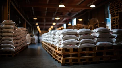 Fotobehang White bag rice or grits storage barn, Close-up of a warehouse with bulk rice or sugar bags in a distribution center, bulk rice procurement, production and transportation of rice, AI © Анатолий Савицкий