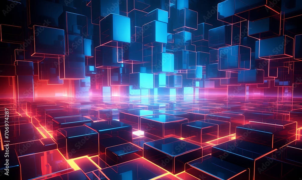 Poster an array of glowing, neon squares, creating an abstract digital landscape abstract, neon squares, di