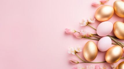 Fototapeta na wymiar Easter background of golden eggs and pink flowers on pink. Religion tradition pattern. View from above. Flat lay style. Greeting card.