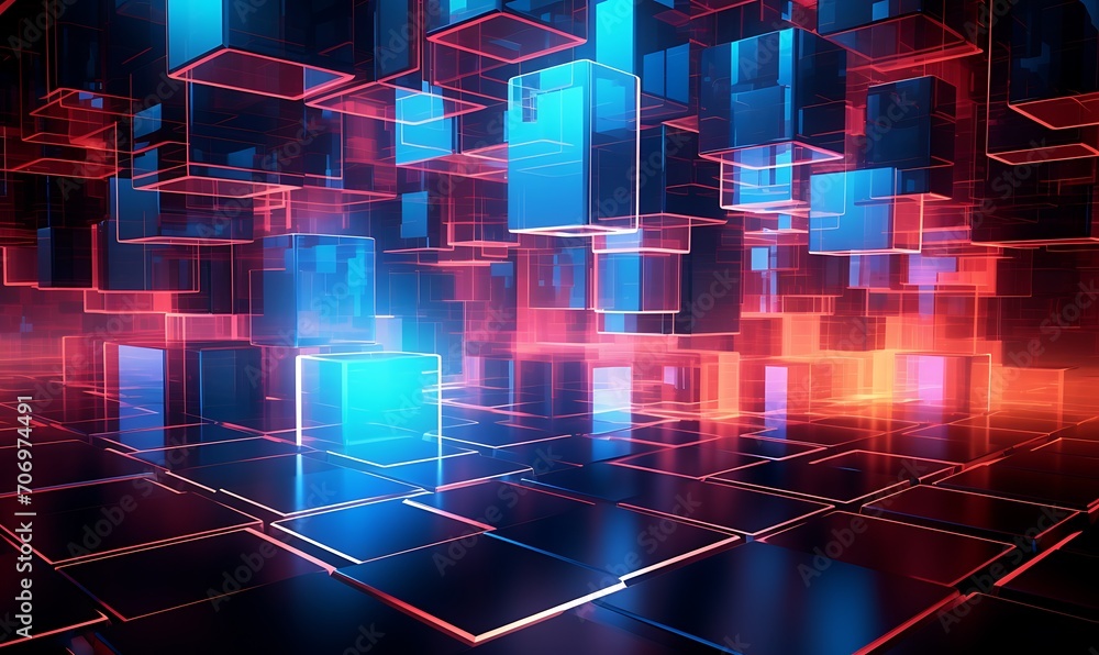 Poster an array of glowing, neon squares, creating an abstract digital landscape abstract, neon squares, di
