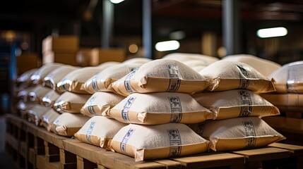 Fototapeta na wymiar White bag rice or grits storage barn, Close-up of a warehouse with bulk rice or sugar bags in a distribution center, bulk rice procurement, production and transportation of rice, AI