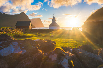 Vidareidi church of Viderejde village on the Island of Vidoy, Faroe Islands