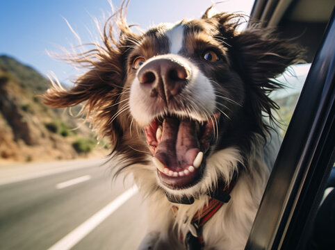 A dog hanging his tongue out of a car window while traveling, in the style of joyful landscapes, edgy, close up, agfa clack, joyful, horizons, eye-catching composition