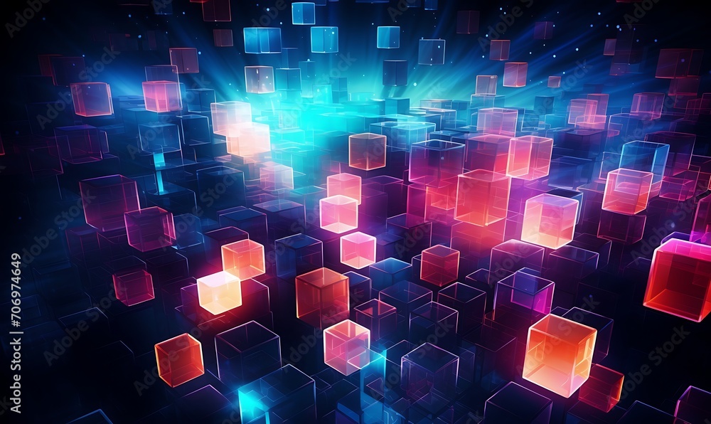 Poster an array of glowing, neon squares, creating an abstract digital landscape abstract, neon squares, di