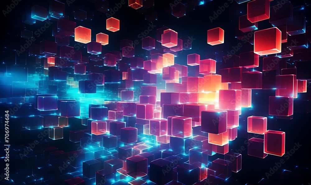 Poster an array of glowing, neon squares, creating an abstract digital landscape abstract, neon squares, di