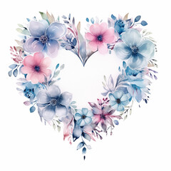 Watercolor and delicate heart of flowers on white background, design for Valentine's Day 