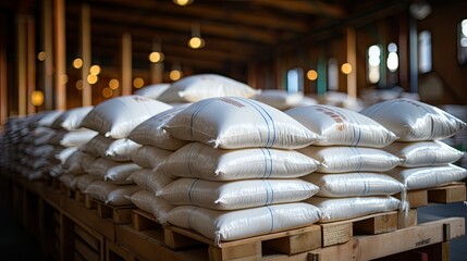 White bag rice or grits storage barn, Close-up of a warehouse with bulk rice or sugar bags in a distribution center, bulk rice procurement, production and transportation of rice, AI
