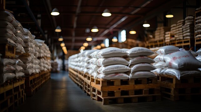 White bag rice or grits storage barn, Close-up of a warehouse with bulk rice or sugar bags in a distribution center, bulk rice procurement, production and transportation of rice, AI