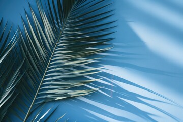Blurred shadow from palm leaves on the blue wall  - obrazy, fototapety, plakaty