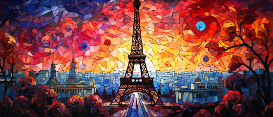 Eiffle tower mosaic stain glass style illustration