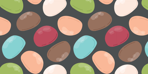 Mochi seamless pattern. Japanese Mochi with different fillings on black background. Asian sweet food. Vector for clothes, background, print, package. Japanese Mochi in rice dough.