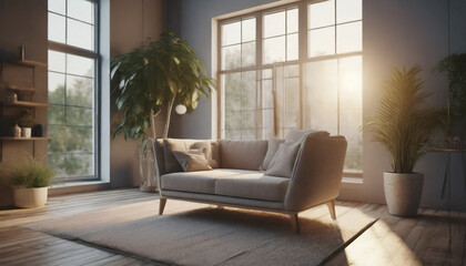 Small stylish pale sofa in modern Scandinavian interior of empty