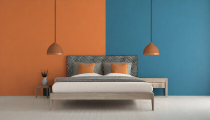 Interior design of modern Bed and bench against orange and blue wall with copy space. Art deco interior design of modern bedroom.