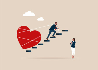 Businessman pulling heavy love heart symbol up stair case. Valentine day concept. Flat vector illustration
