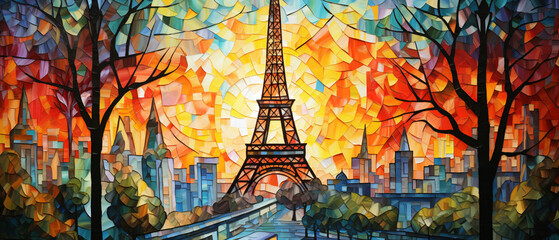 Eiffel tower mosaic stain glass stlye illustration