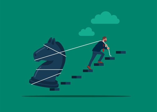 Businessman pulling heavy horse chess up stair case. Strategy to win business competition, business challenge. Modern vector illustration in flat style