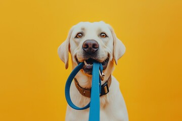Adorable dog holding leash in mouth on yellow background - Powered by Adobe