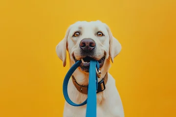 Fototapeten Adorable dog holding leash in mouth on white background © Tim Kerkmann