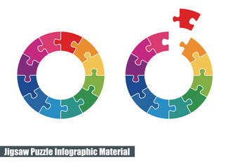 12色の色相環で構成された、円形のパズルのグラフィック素材、イラスト。インフォグラフィックス