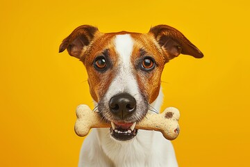 Adorable dog holding toy bone in mouth on white background