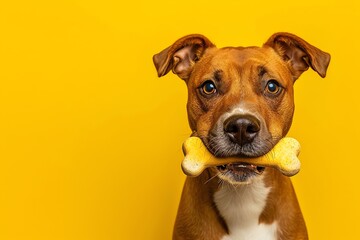 Adorable dog holding toy bone in mouth on white background