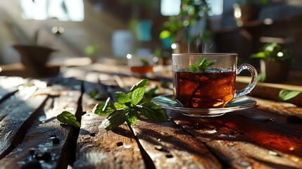 Cup of tea with mint leaves on a wooden table in a cafe - obrazy, fototapety, plakaty
