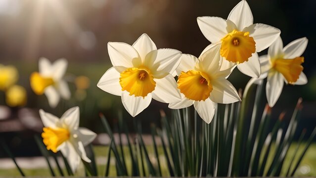 Daffodils blooming in a sunlit garden, enhancing the Easter atmosphere, generative AI, background image