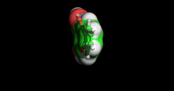Salicylic acid, drug for treatingacne, psoriasis, calluses, corns, keratosis pilaris, and warts, 3D molecule spinning on Y-axis, 4K
