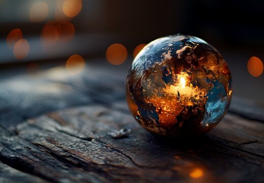Fototapeta globe with Christmas lights and bokeh on wooden background