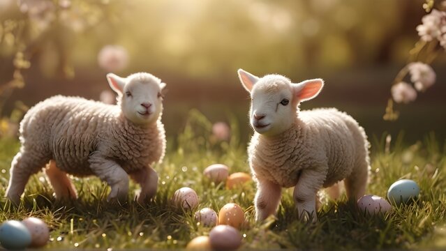 Lambs frolicking in a sunlit meadow with Easter decorations, generative AI, background image