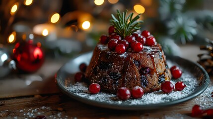 Fototapeta na wymiar Chocolate bundt cake with cranberries and icing sugar on a rustic wooden background.