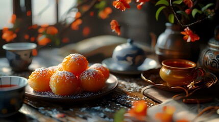 Delicious tangerine cakes on a wooden table. Toned.