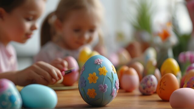 People gathered for a creative Easter egg decorating session, generative AI, background image