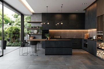 Modern gray stone and wooden kitchen interior