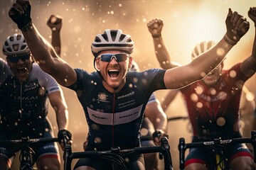 A happy athlete is a cyclist at the finish line, rejoicing in victory. The winning team of athletes at the finish rejoices at the victory.