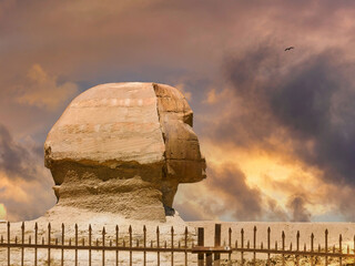 Great Sphinx of Giza, Egypt, at Sunrise and Sunset with a Dramatic Sky.