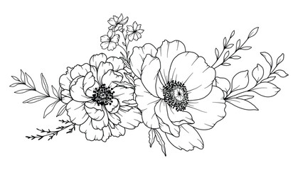 Spring Flowers Line Drawing. Black and white Floral Bouquets. Flower Coloring Page. Floral Line Art. Fine Line Flowers illustration. Hand Drawn flowers. Botanical Coloring. Wedding invitation flowers