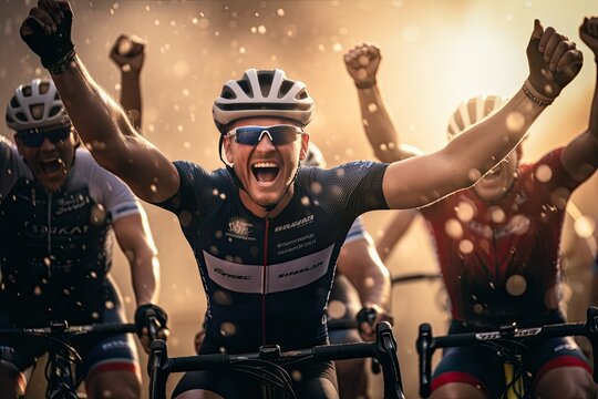 A happy athlete is a cyclist at the finish line, rejoicing in victory. The winning team of athletes at the finish rejoices at the victory.