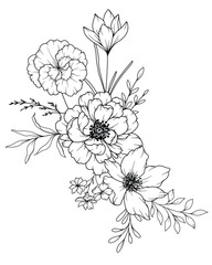 Spring Flowers Line Drawing. Black and white Floral Bouquets. Flower Coloring Page. Floral Line Art. Fine Line Flowers illustration. Hand Drawn flowers. Botanical Coloring. Wedding invitation flowers