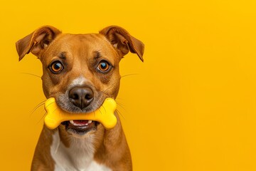 Adorable dog holding toy bone in mouth on white background - obrazy, fototapety, plakaty