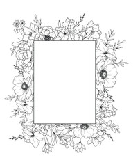 Spring Flowers Line Drawing. Black and white Floral Frames. Floral Line Art. Fine Line Flowers illustration. Hand Drawn Outline flowers. Botanical Coloring Page. Wedding invitation flowers