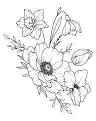 Spring Flowers Line Drawing. Black and white Floral Bouquets. Flower Coloring Page. Floral Line Art. Fine Line Flowers illustration. Hand Drawn flowers. Botanical Coloring. Wedding invitation flowers